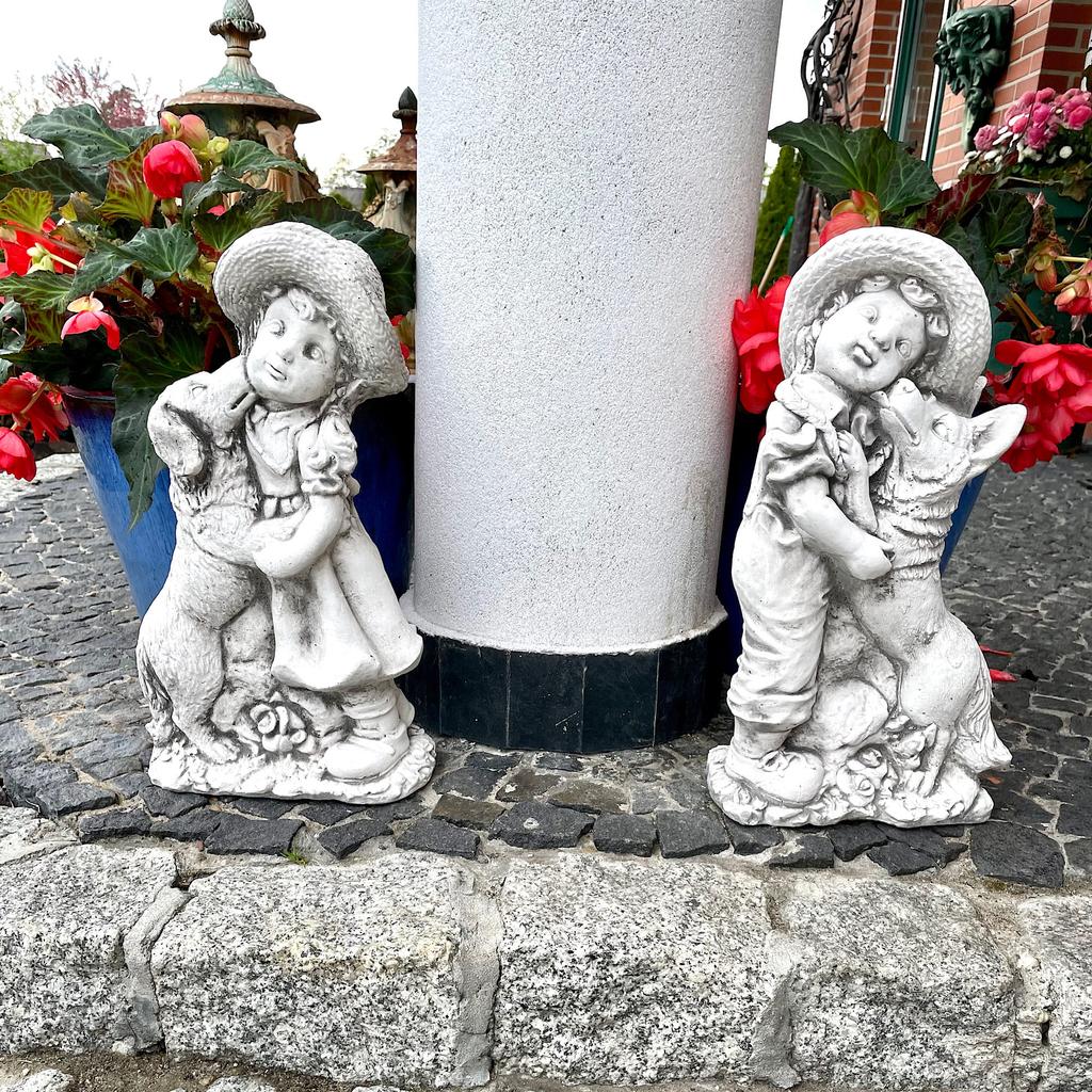 Concrete Sculpture of a Boy with a Dog Gray Garden Figure