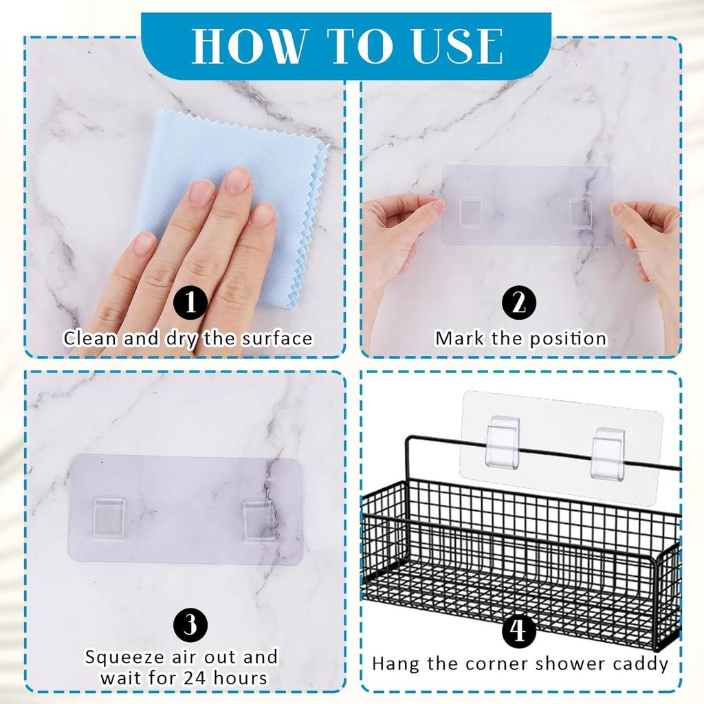 6 Pcs Shower Caddy Adhesive Replacement, Shower Shelf Adhesive Strips Stickers Transparent 2 Flat Hooks for Soap Holder, Bathroom Corner Shelves and