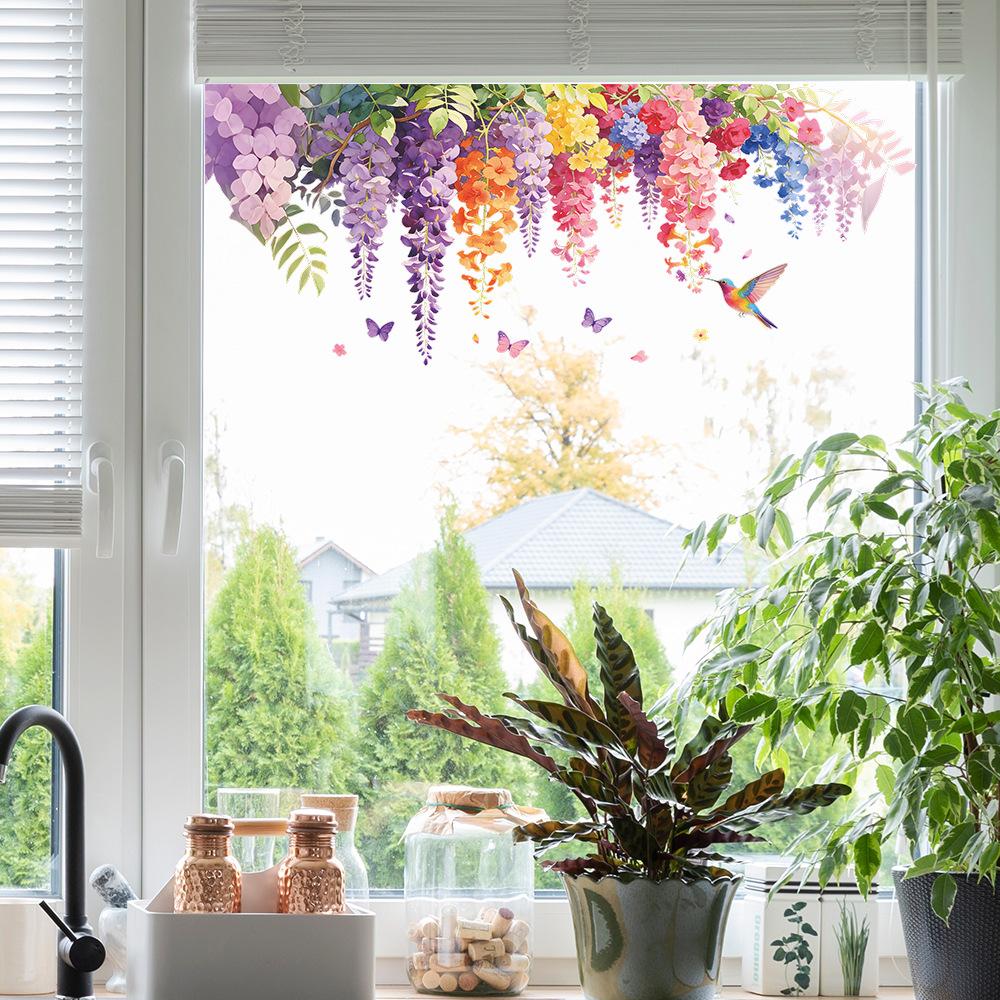 Sticker per beautificazione balcone esterno, fiore di vite viola, colibrì, stile acquerello primaverile