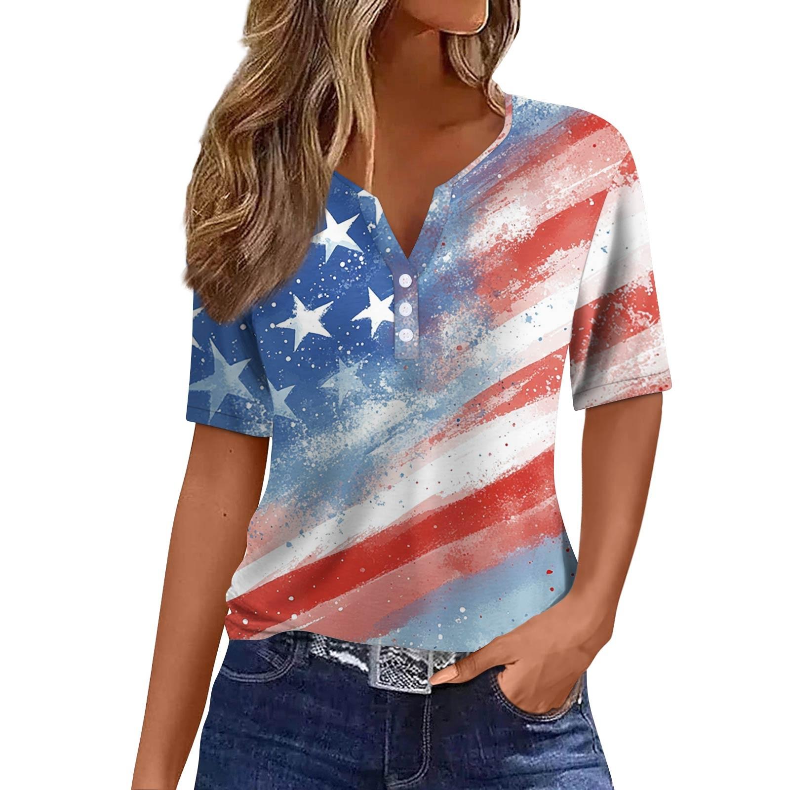 

Women s Fashion Casual Independence Day Printed V-Neck Short Sleeve Button Top L красный