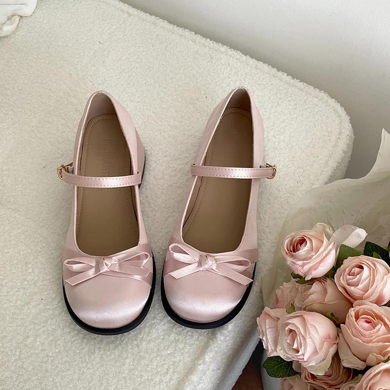 

Medium Heel Women Mary Jane Shoes Fashion Round Toe Sweet Butterfly-knot Design Ladies loafers College Girls Lolita footwear 35 розовый
