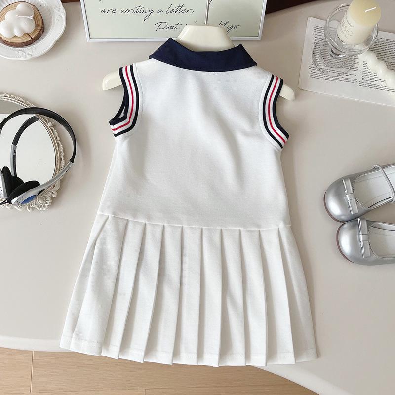 2025 Letnia Sukienka Bez Rękawów dla Dziewczynek: Kołnierzyk POLO, Styl College, Plisowana Spódnica Kamizelkowa