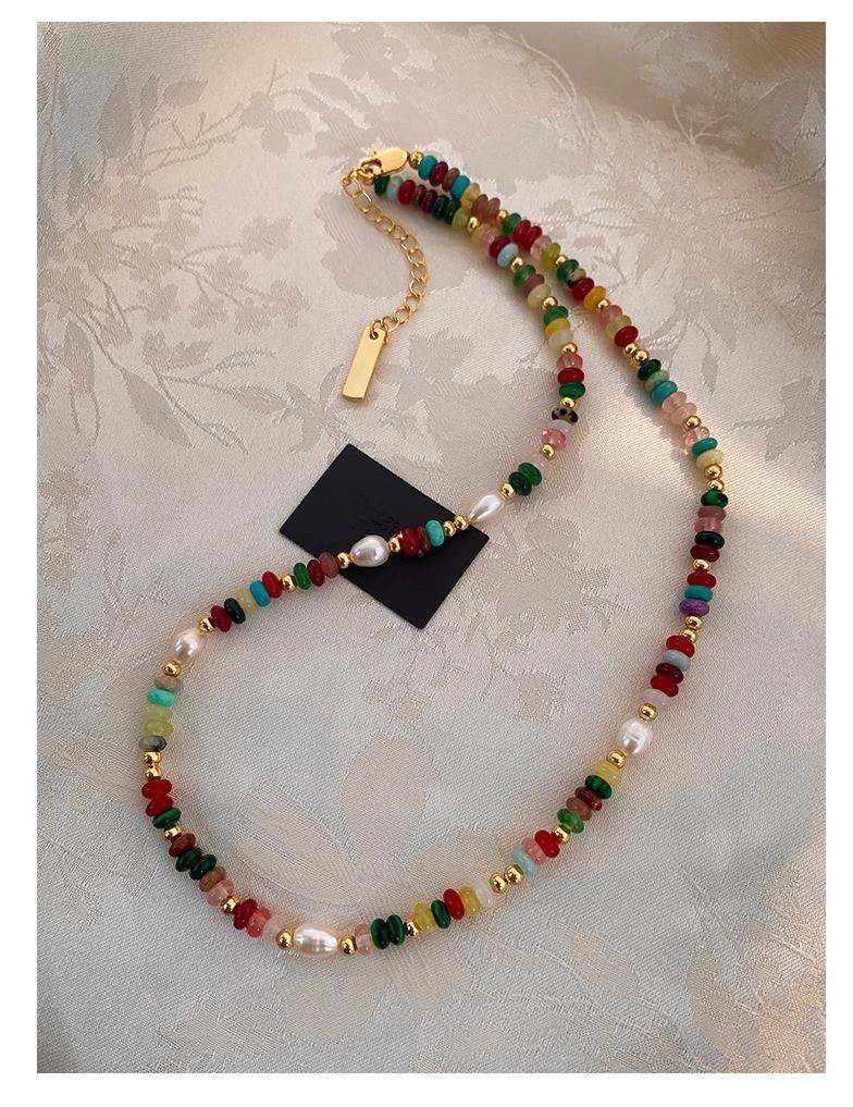 Vibrant Glazed Beaded Necklace: Mixed Color Stones, Rice Grain & Freshwater Pearls for Women