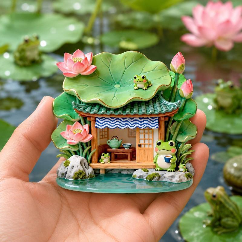Cute Frog Tea House Fridge Magnet 3D Resin Refrigerator Sticker Lovely Lotus Embossed Decor Magnet For Kitchen Home Decoration