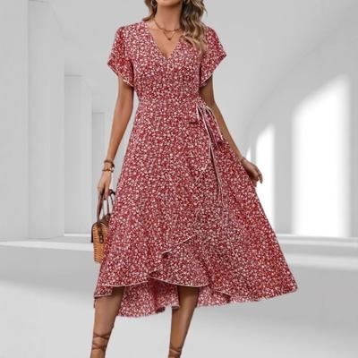 Europäisches und amerikanisches Sommer-Blumen-Neues Urlaubs-Kurzarm-Temperament-Taillen-V-Ausschnitt-Wickelkleid