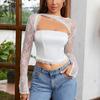 European and American Sexy Hollow-out Navel Short Top, Popular Women's Mesh Lace See-through Long-sleeved Top