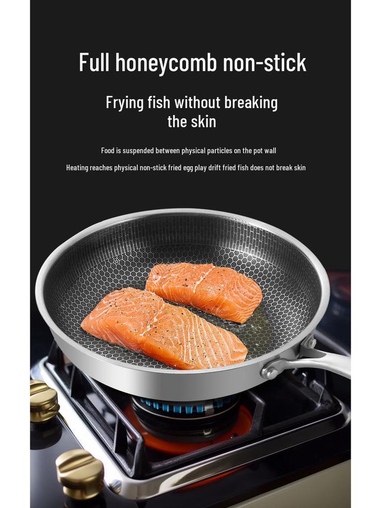 Non-stick Stainless Steel Honeycomb Frying Pan, Flat-bottom, Low Oil Smoke for Frying Steak and Eggs