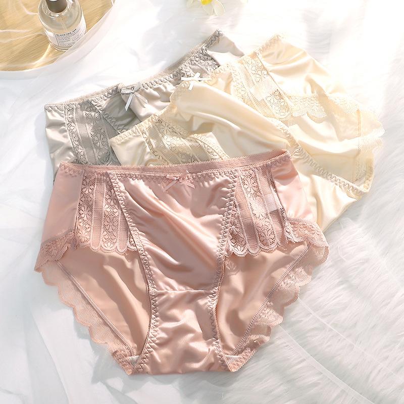 

Высококачественное атласное сексуальное кружевное нижнее белье со средней талией для женщин, дышащие антибактериальные тонкие трусы с подтяжкой ягодиц