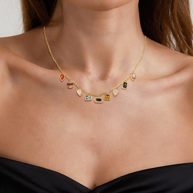 European & American Gold-Plated Copper Necklace with Colorful Zircon, Light Luxury High-End Jewelry