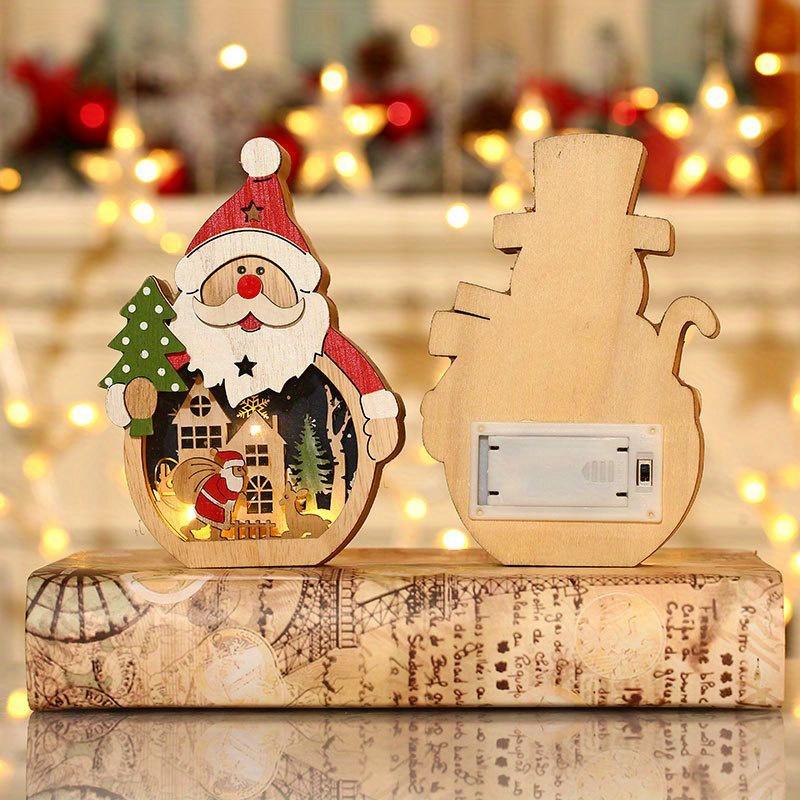 1 Set Christmas Wooden Ornaments with LED Lights, Santa and Snowman 3D Holiday Figures, Battery Operated ,AAA x 2, Not Included, Festive Home Decor,