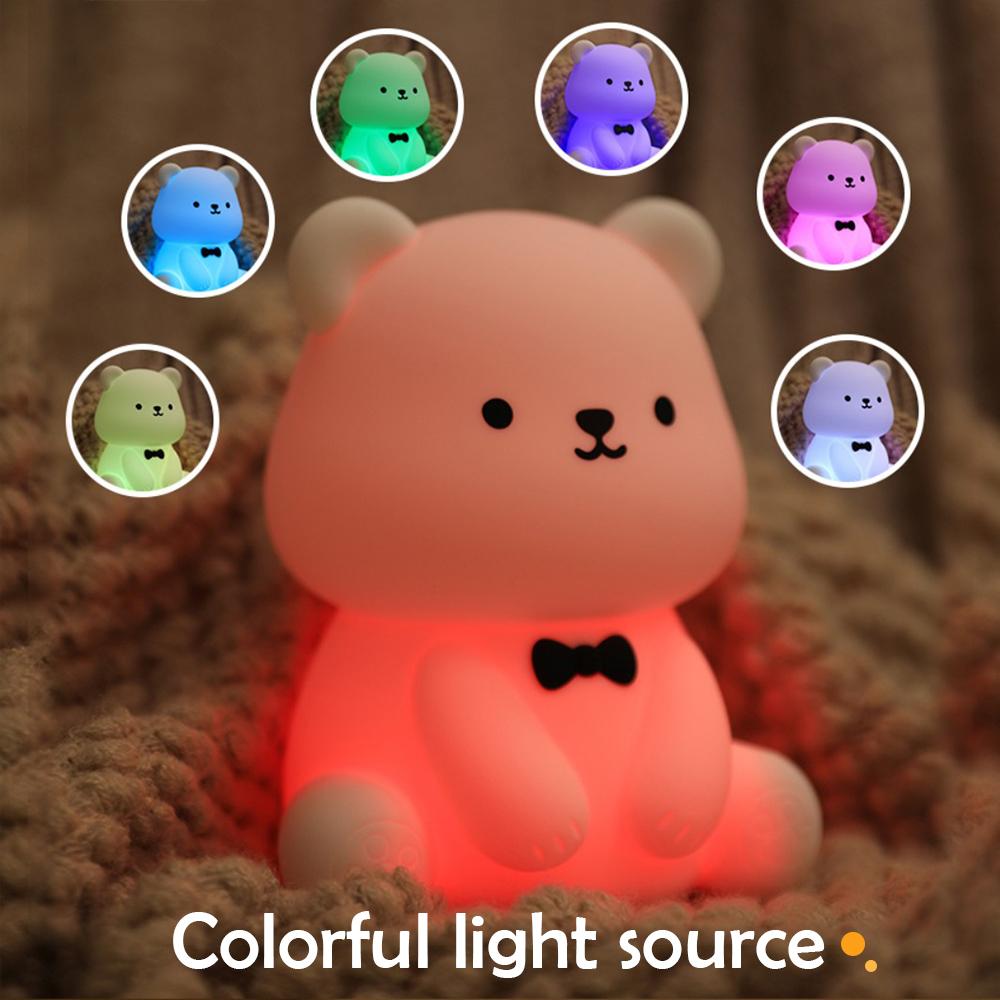 Silicone Teddy Bear Fun Night Light 3 Level Dimmable Nursery Light Colorful Warm White Sleeping Beside Lamp For Bedroom