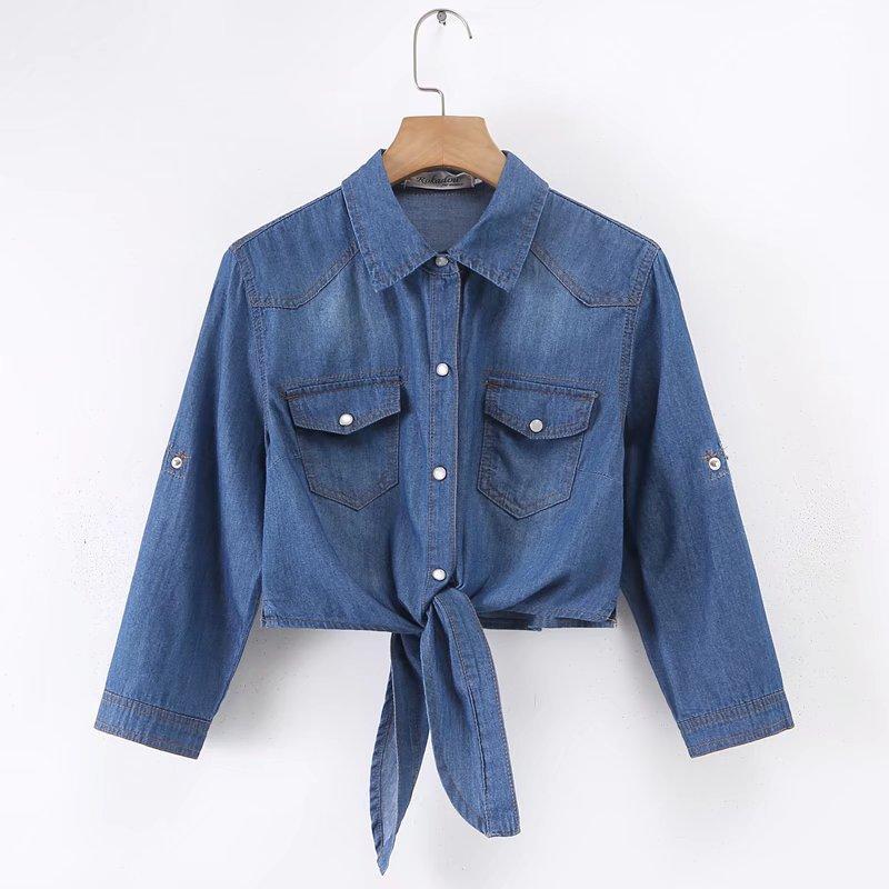 Camicia Corta in Denim Annodata da Donna Figura Piccola con Maniche Estiva Slimming Puro Cotone Sottile Scialle Protezione Solare Soprabito