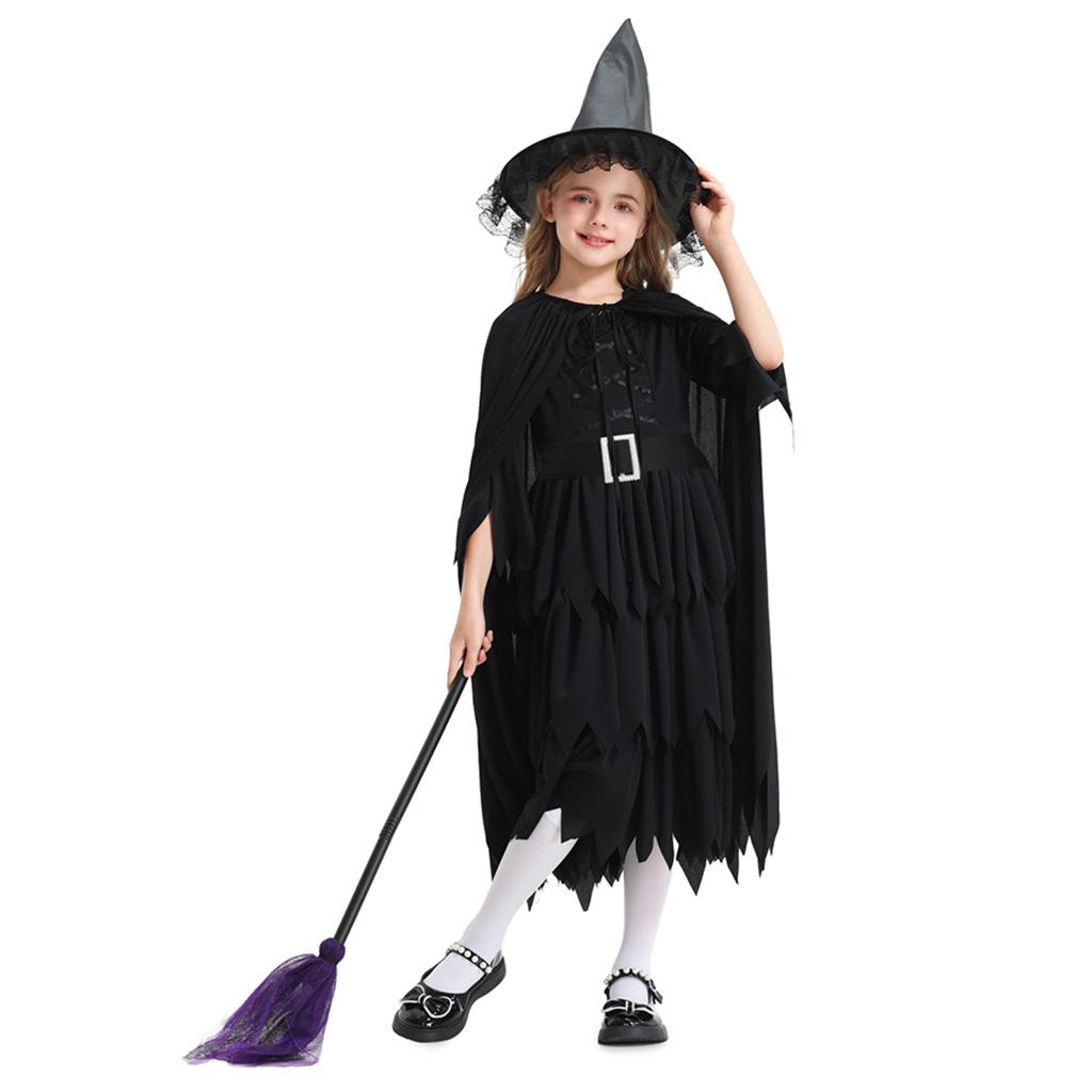 Halloween kinder kostuums meisjes bezem heks kostuum heksenhoed jurk sjaal cape carnavalskostuum
