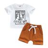 Boy Summer Clothes Set Short Sleeve Round Neck Letter Print T-shirt + Solid Color Drawstring Shorts Boys Outfits