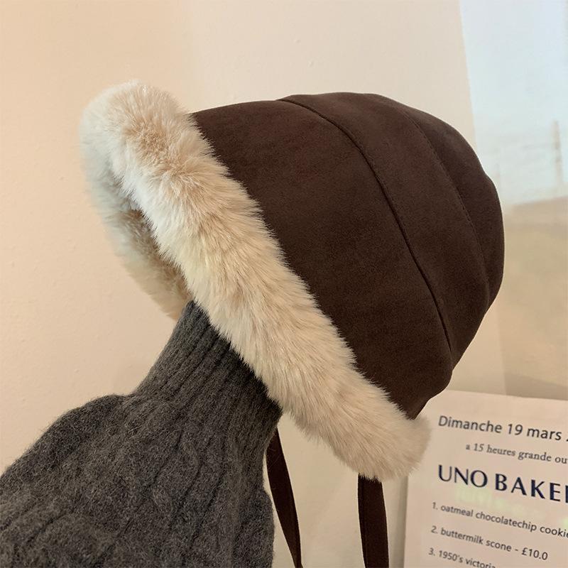 

Plush bucket hat women s new winter thickened warm basin hat windproof ear hat winter fluffy hat M（56-58cm） колір темно кави