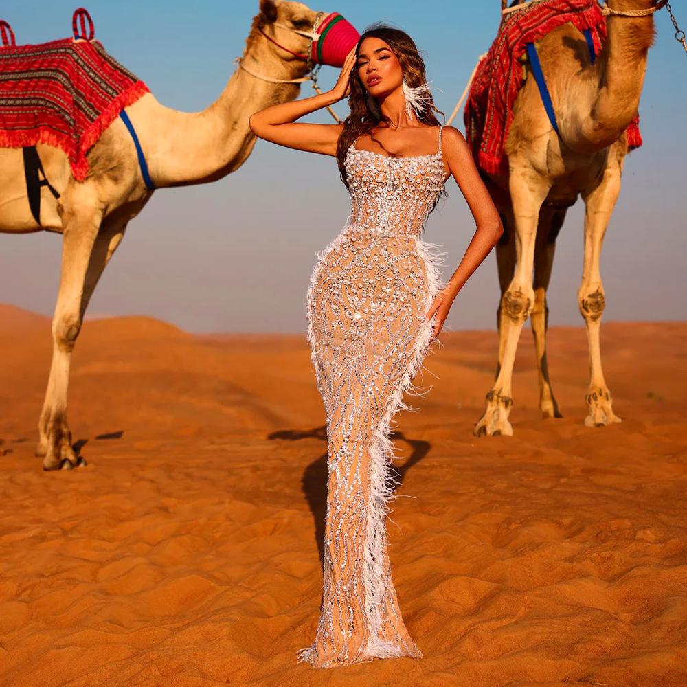SERENE HILL white nude light luxury elegant suspender beads fishtail host banquet evening dress LA11811