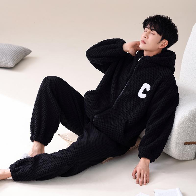 Men's Coral Fleece Lined Hooded Thickened Sleepwear Cardigan Home Clothes Sports Set Winter Warm Cozy Flannel Pajamas Suit