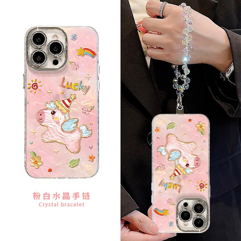 Applicable to Apple 17promax mobile phone case new women's 16 oil painting pony bracelet mate80 high value 15 cute