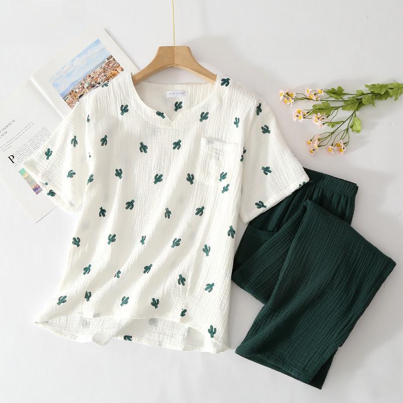 

Новые весенне-осенние женские хлопковые брюки из крепа в японском стиле, брюки с длинными рукавами, пижамы кактус, удобное домашнее обслуживание M слоновая кость