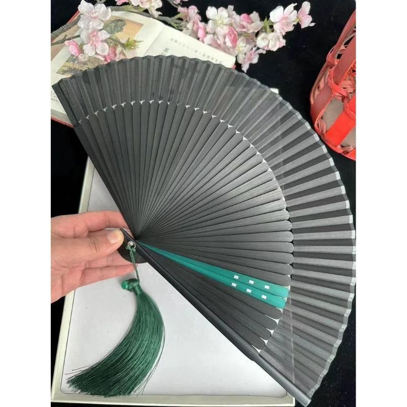 Chinese Bamboo Hand Fan Ventilador Portable Vintage Folding Black Silk Fan Classical Men Women Performance Prop Hand Fan