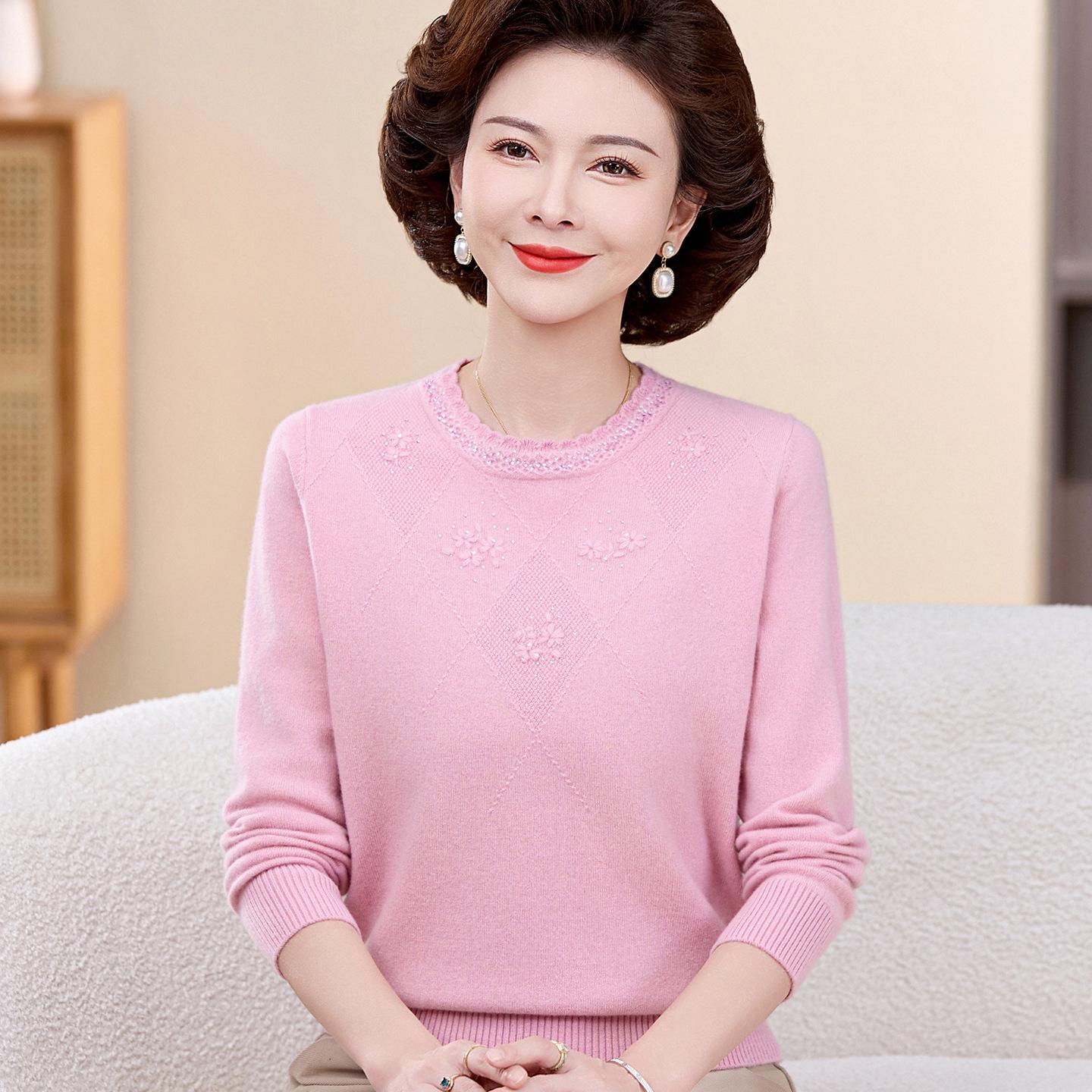 

Mom s Red 100% Wool Sweater for Middle-aged & Elderly - Round Neck, Autumn/Winter Year of the Rat Pullover XL (115-125 jin recommended)