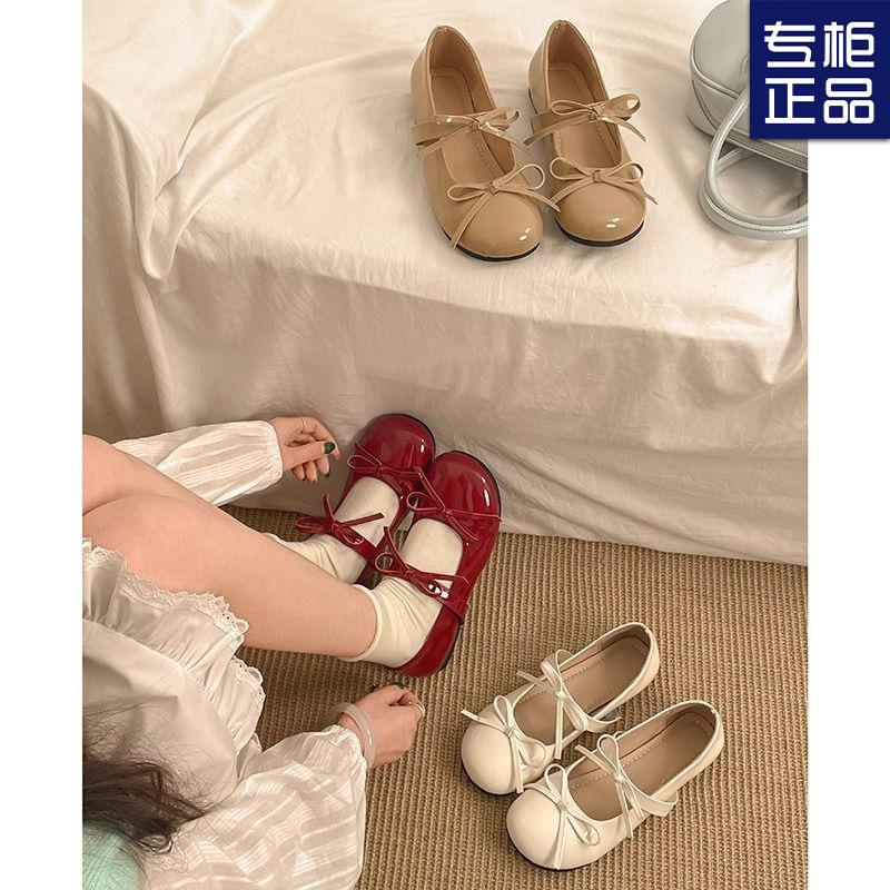 Červené retro kulaté špičky ploché dno malé kožené boty dámské nové letní se sukní mašle boty Mary Jane