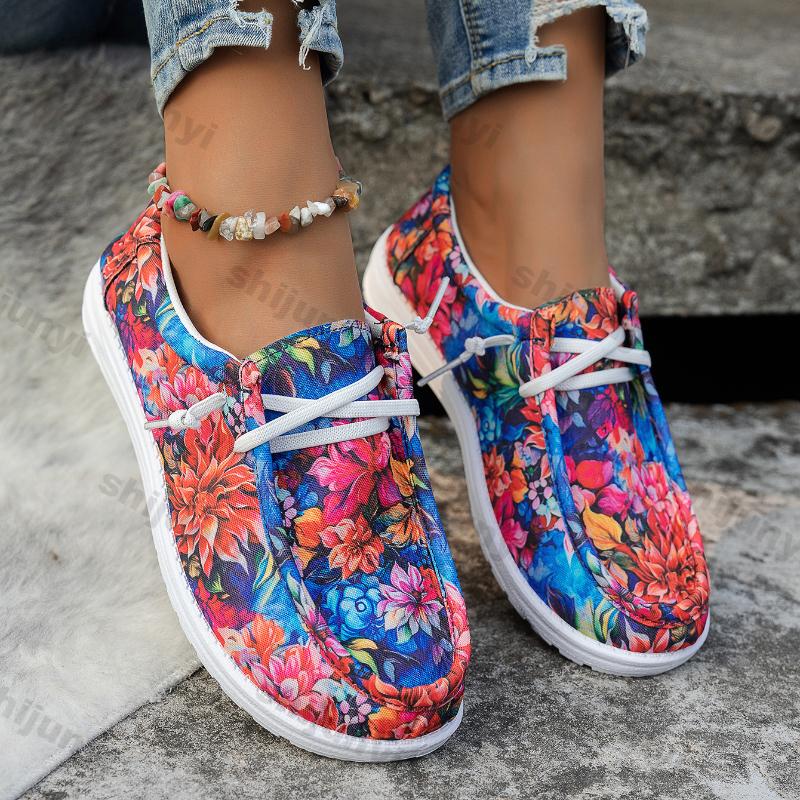 Fashion Platform Flower Canvas Shoes for Women 2025 Spring Flat Lace-up Loafers Woman Lightweight Fashion Casual Sports Shoes Footwears