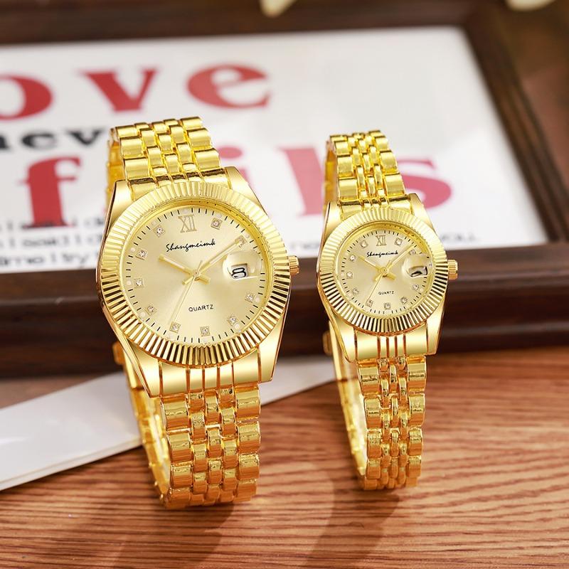Paar Uhr Herren Gold Business Retro Temperament Paar Herren Stahlband Legierung Vielseitig Mode Quarz Uhr