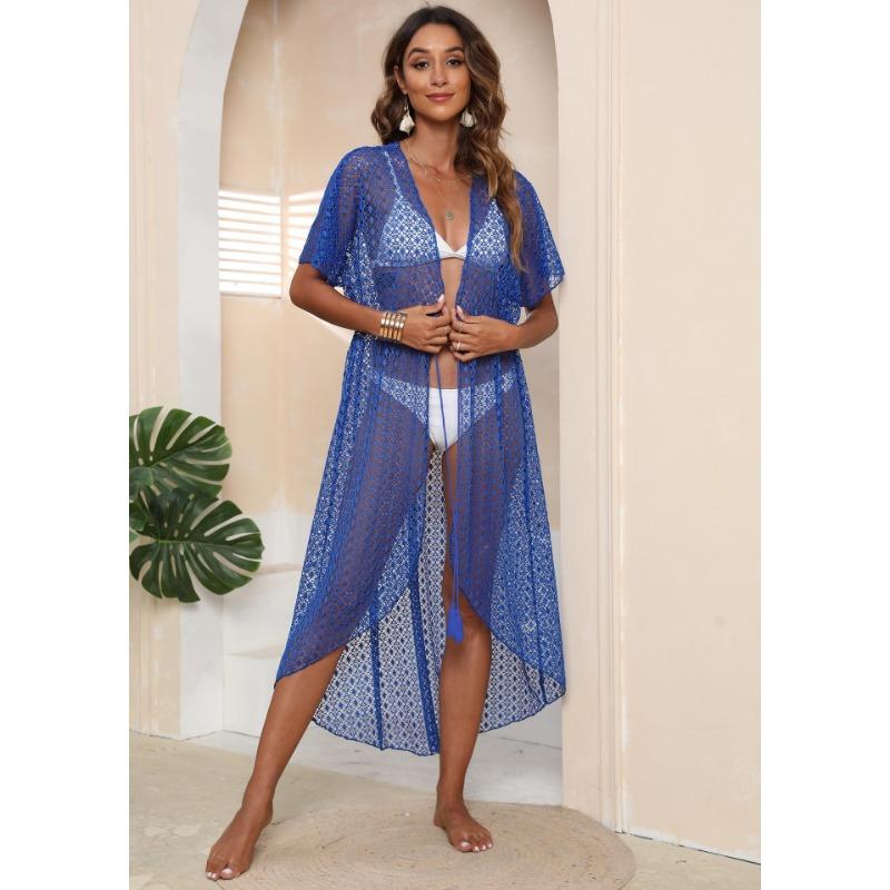 Women's Cover-up Seaside Holiday Beach Cardigan Plus Size Irregular Tie Sexy See-through Lace Shirt