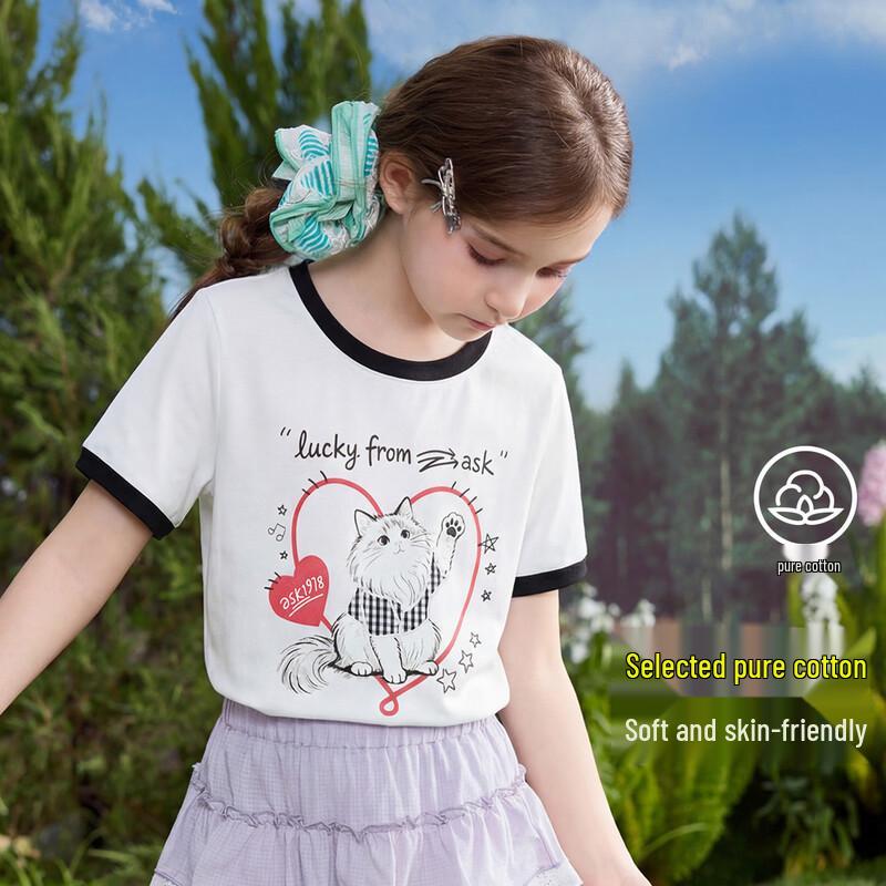 ASK JUNIOR Girls  Lightweight Cat Print Short Sleeve T-Shirt L
