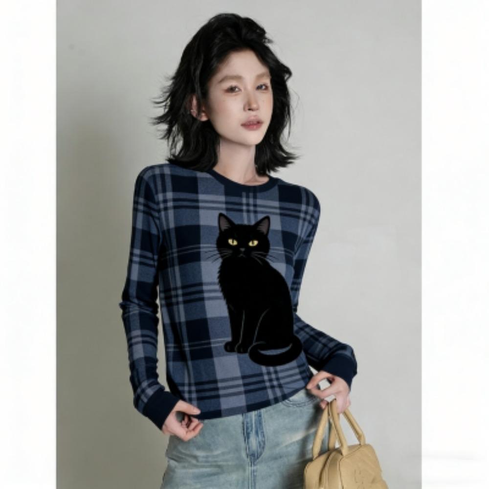 Spring Europe America Fashion Animal Cat Print Women's T-shirt Casual Pullover Women Long Sleeve Clothing Outdoor Casual Tees Top