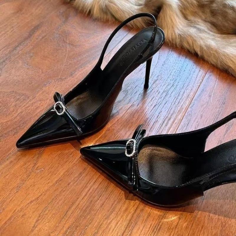 

Crystal Bow High Heels Shoes Sexy Women Sandals Pointed Toe Slingback 2025 Trend Shallow Pumps Summer Elegant Dress Sandalias 35