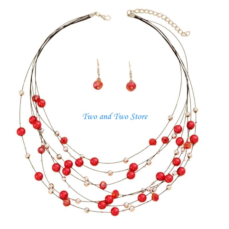 HX6F Colorful Bead Necklace and Earring Set Multilayered Pearls Beaded Necklace and Earrings Set with Crystal Embellishment красный