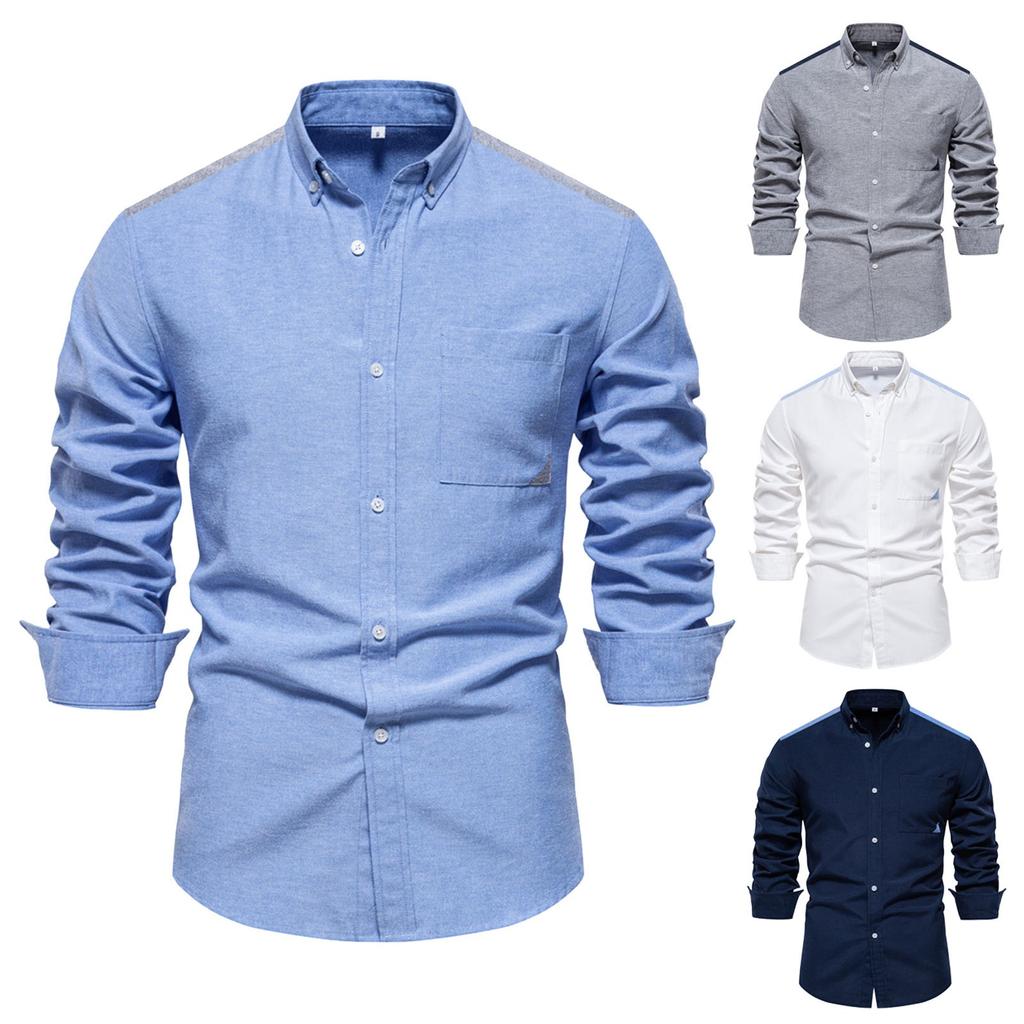 Men's Oxford Textile Shirt Casual Versatile Fashion Color Blocking Long Sleeved Top