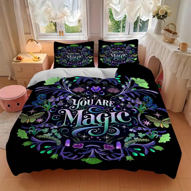 3pcs Flowers and Grass You are Magic Printed Bedding Set, Soft and Comfortable Quilt Cover for Bedroom, Guest Room (1 Duvet Cover + 2 Pillow