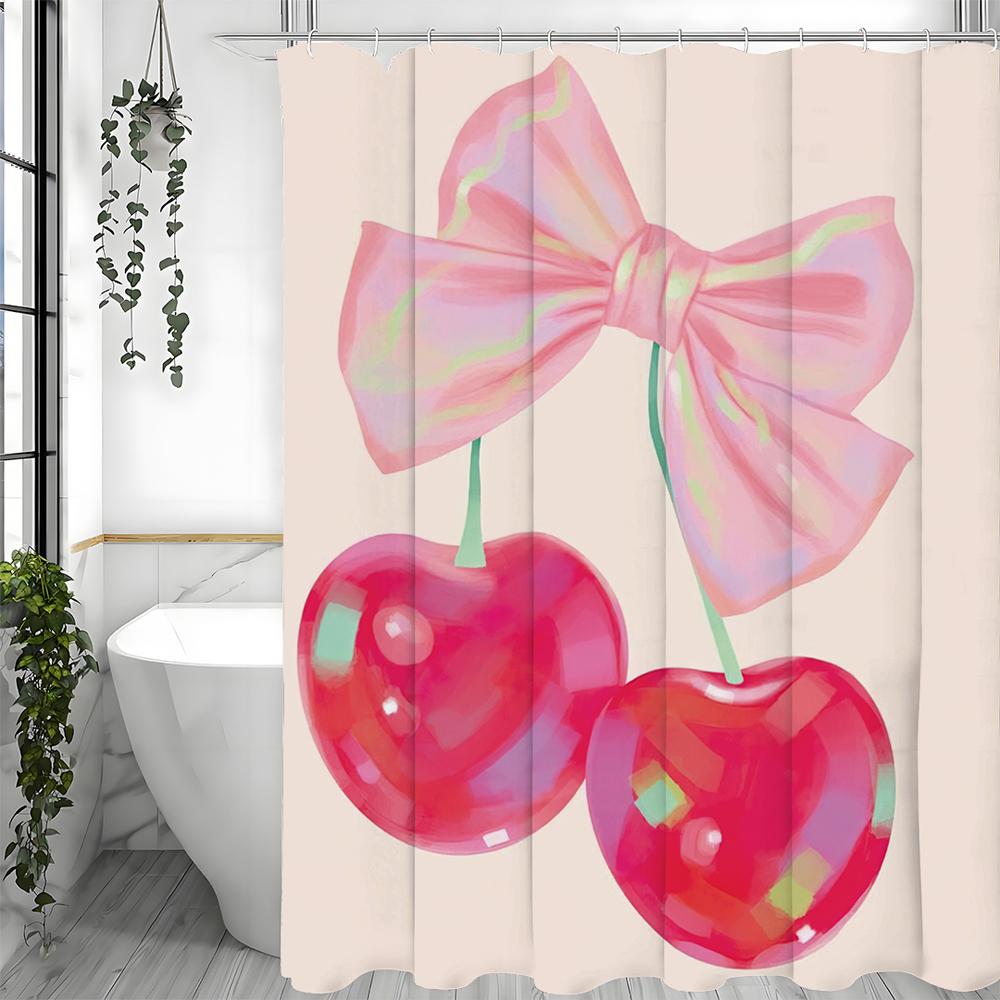 

Pink Bow Cherry Shower Curtain, Bathroom Decorative Shower Curtain, Waterproof Shower Curtain with Hooks 90*180cm