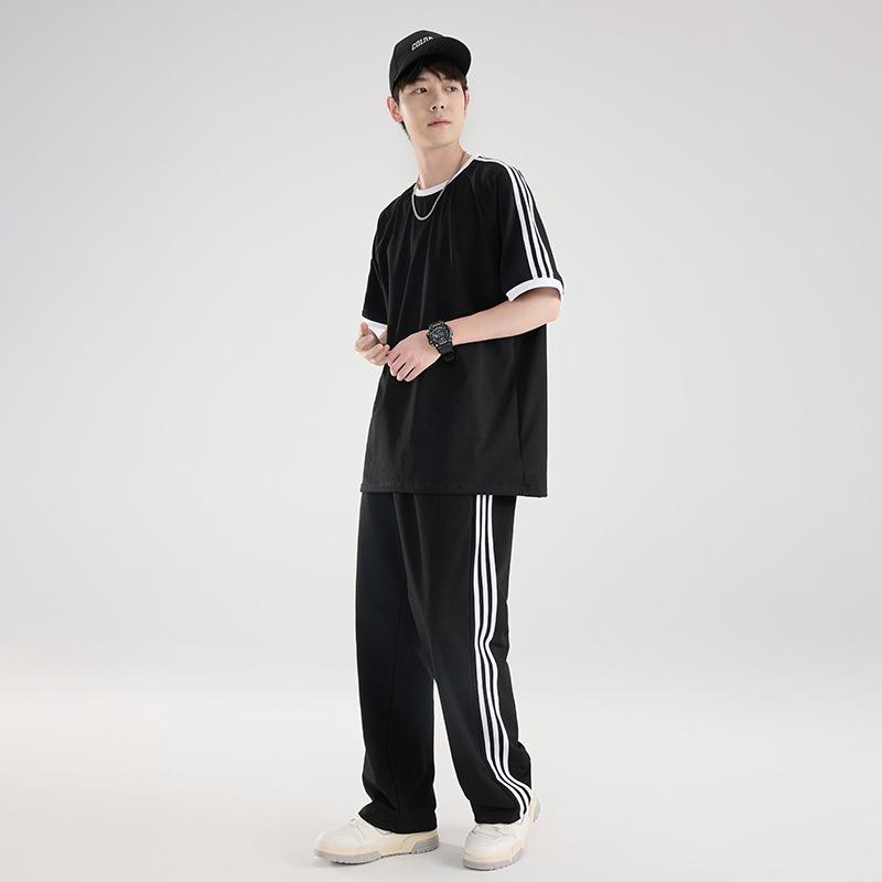 Unisex Summer Sports Striped Short Sleeve Set - Casual Couple Style for Running 4XL