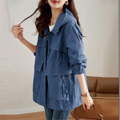 Casaco corta-vento feminino elegante plus size de comprimento médio com capuz para primavera e outono