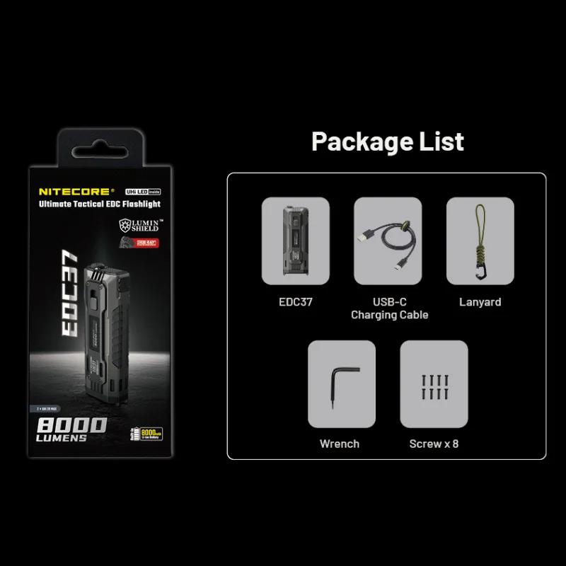 NITECORE EDC37 Ultimate Tactical EDC Flashight 8000 Lumens 18W USB-C Rechargeable Troch Light Built-in 8000mAh Li-ion Battery
