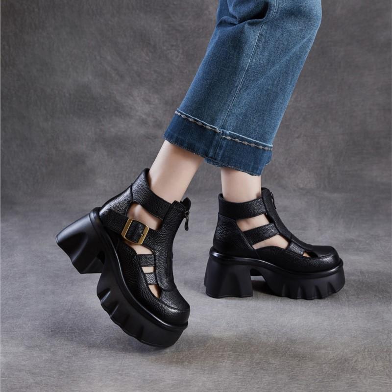 Johnature Sandale Romane Retro Piele Naturală Platformă Groasă Fermoar Botine Decupate Femei
