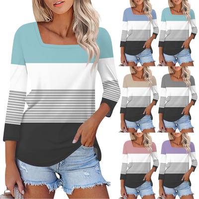 Shirt For Women's Fashion Casual Square Neck 3/4 Sleeve Loose Printed T-Shirt Ladies Top