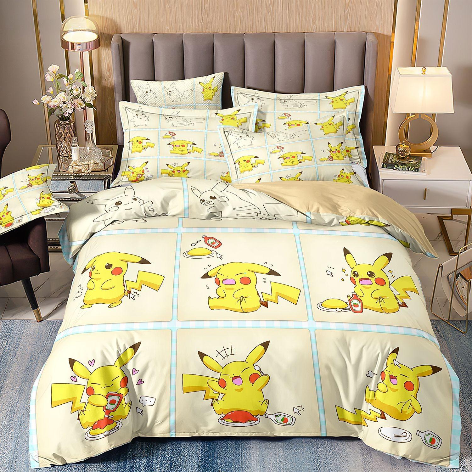

Pokémon cartoon bedding set, Pikachu cute duvet cover pillowcase, home bedroom three-piece set, boy and girl comforter sets 135x200cm