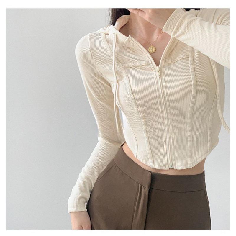 European and American Hooded Zipper Cardigan Women's Spring Retro Slim Fit and Slimming Sports Jacket Short Cut Exposed Navel Long Sleeved Top