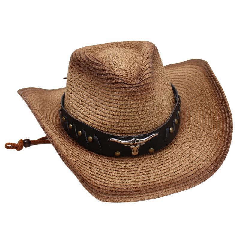 Western Cowboy Straw Hat Tibetan Sun Hat Bull Head Jazz Hat Sun Protection Hat Sun Shade Beach Hat