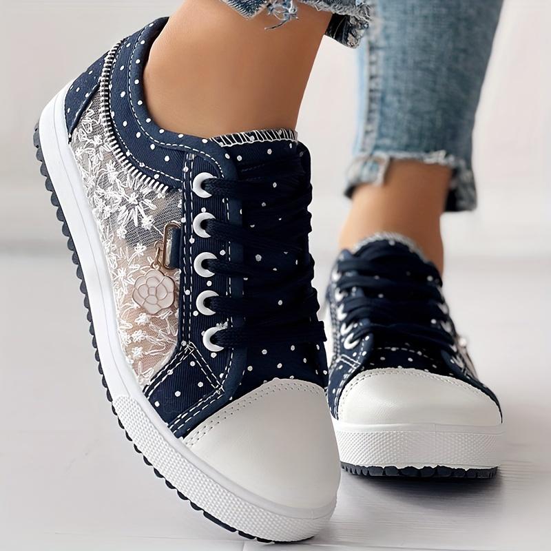 Women's Floral Mesh & Synthetic Cover Casual Sneakers - Breathable Low-Top Lace-Up Round-Toe Spring Shoes with PU Sole for Casual Attire