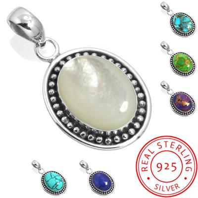 925 Sterling Silver Pendant Women Gemstone Handmade Jewelry Halloween Gift Blue Green Purple Copper Turquoise Pearl Lapis Mother Of Pearl Victorian