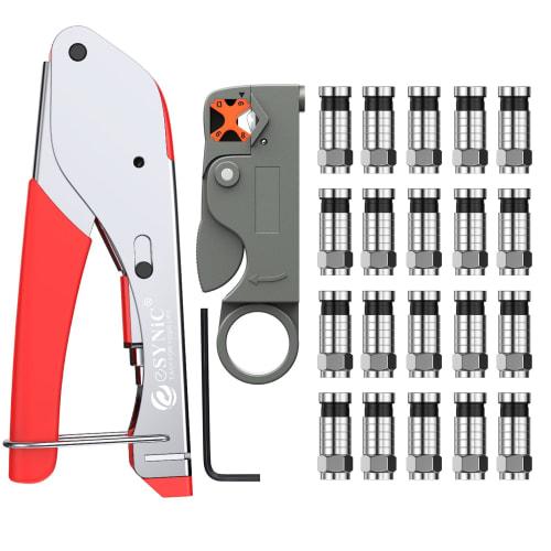 eSynic Coaxial Cable Stripper, 20pcs RG6/RG59 Compression F Connector Wire Crimping Pliers Tool, Coaxial Cable Wire Stripper