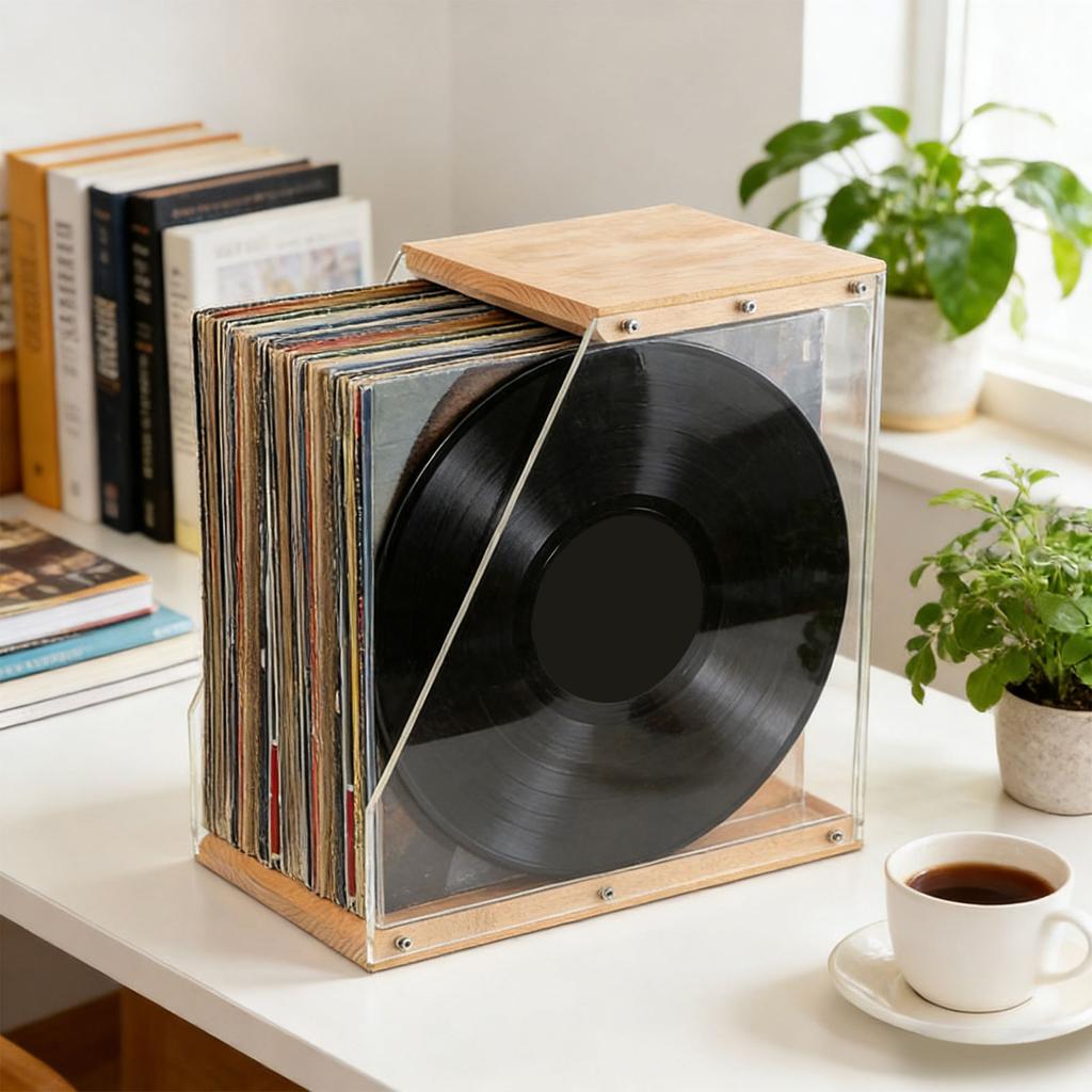 Elegant Acrylic And Wood Record Album Organiser With Spacious Design Books And Magazines Display Rack