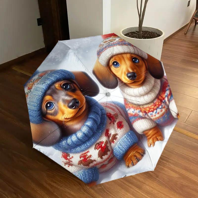 1pc Winter Dachshund Friends Umbrella with Plastic Handle,Suitable for All Seasons Home Travel Outdoor UmbrellaDD302