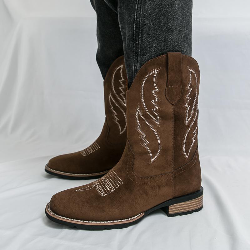 New Western Men s Cowboy Boots Vintage Mid-calf Motorcycle Boots Fashion Suede Leather Men s Boots Outdoor Casual Riding Boots 38 коричневый